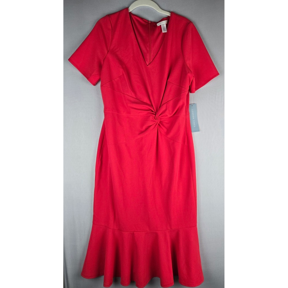 London Times Red V-Neck Twist Front Flounce Hem Sheath Dress Size 12 NWT